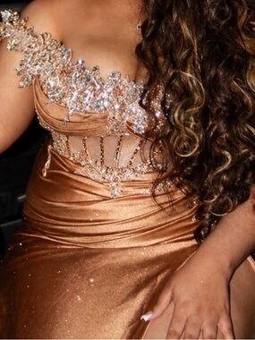 One-Shoulder Bronze Metallic Evening Gown with Crystal Embellishment